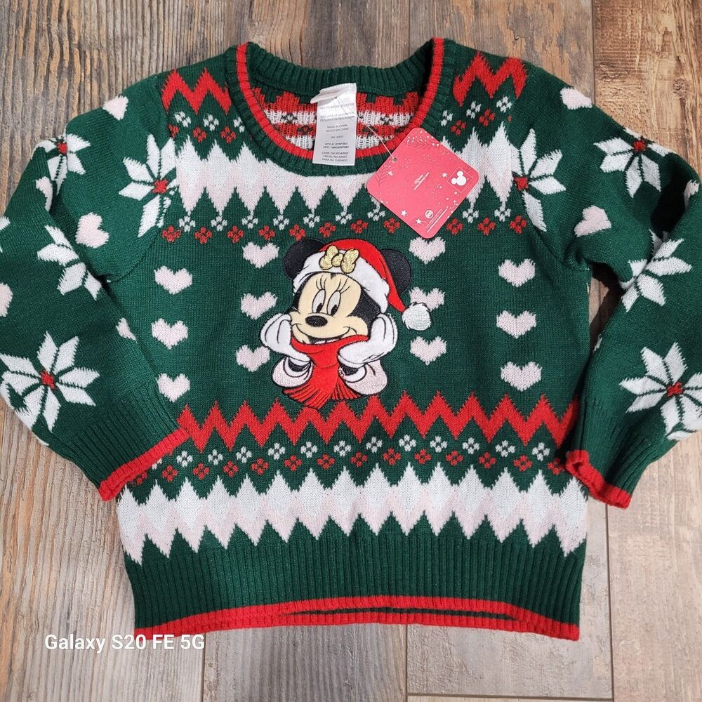 Disney Girls Sz 6 Green/Red/White Knit Fair Isle Minnie Mouse Christmas NEW